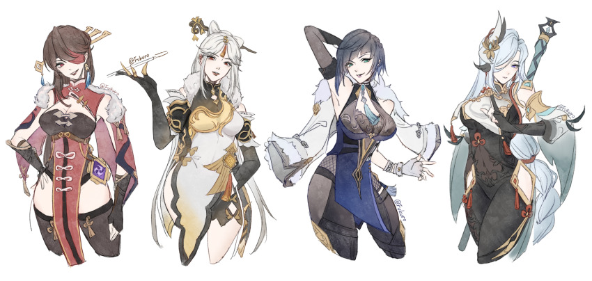 absurdres, aqua_eyes, artist_name, asymmetrical_gloves, beidou_(genshin_impact), black_bodysuit, black_gloves, black_hair, black_leotard, black_pants, black_shorts, black_thighhighs, blue_dress, blue_eyes, blue_hair, bodysuit, bracelet, single_breast_curtain, breasts, brown_hair, calamity_queller_(genshin_impact), capelet, china_dress, chinese_clothes, cleavage, clothing_cutout, covered_navel, detached_sleeves, dress, earrings, elbow_gloves, eyepatch, fingerless_gloves, fukuro_0a0, fur-trimmed_capelet, fur-trimmed_jacket, fur_trim, genshin_impact, gloves, gradient_hair, grey_hair, hair_behind_ear, hair_ornament, hair_over_one_eye, hair_stick, hand_on_own_hip, head_tilt, highres, hip_vent, holding, holding_polearm, holding_weapon, jacket, jacket_on_shoulders, jewelry, kuji-in, leotard, long_hair, looking_at_viewer, low-tied_long_hair, making-of_available, medium_breasts, mismatched_gloves, multicolored_hair, ningguang_(genshin_impact), one_eye_covered, pants, parted_lips, partially_fingerless_gloves, pelvic_curtain, polearm, red_capelet, red_eyes, shenhe_(genshin_impact), short_hair, shorts, single_earring, single_elbow_glove, smile, smoking_pipe, tassel, tassel_earrings, tassel_hair_ornament, thighhighs, very_long_hair, vision_(genshin_impact), weapon, white_background, white_dress, white_gloves, white_jacket, yelan_(genshin_impact)