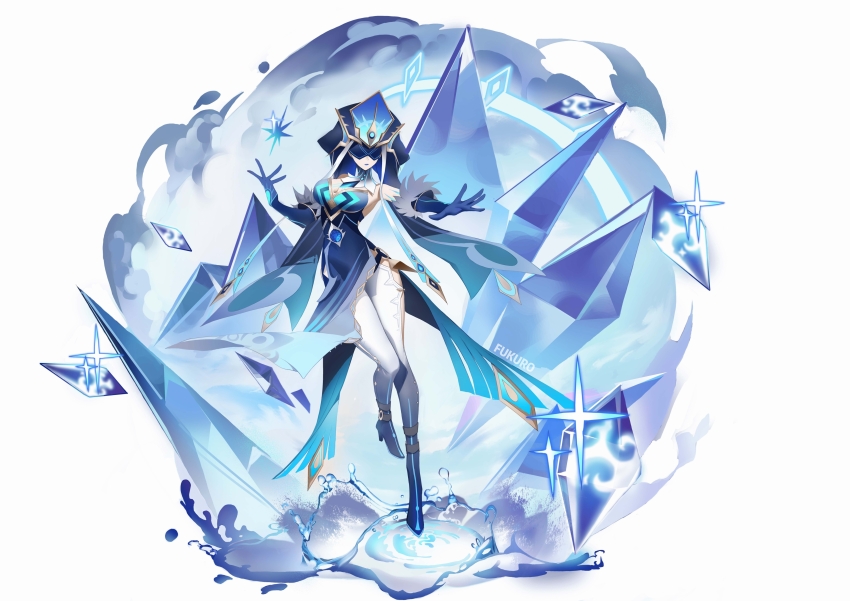 1girl, absurdres, artist_name, blue_dress, blue_footwear, blue_gloves, blue_headwear, blue_lips, breasts, cleavage, crystal, dress, expressionless, floating, fukuro_0a0, fur-trimmed_gloves, fur_trim, genshin_impact, glint, gloves, highres, mask, medium_breasts, mirror_maiden_(genshin_impact), pants, solo, water, white_pants