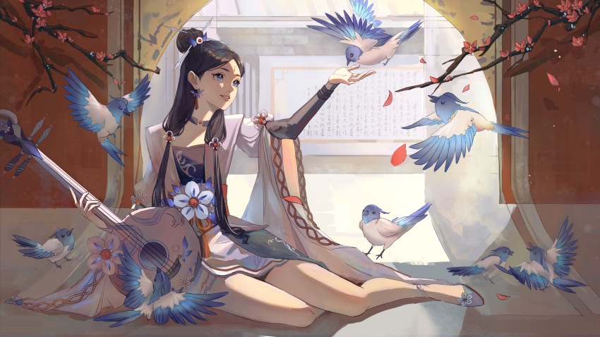 1girl, absurdres, bird, blue_eyes, branch, chinese_clothes, chinese_commentary, chinese_text