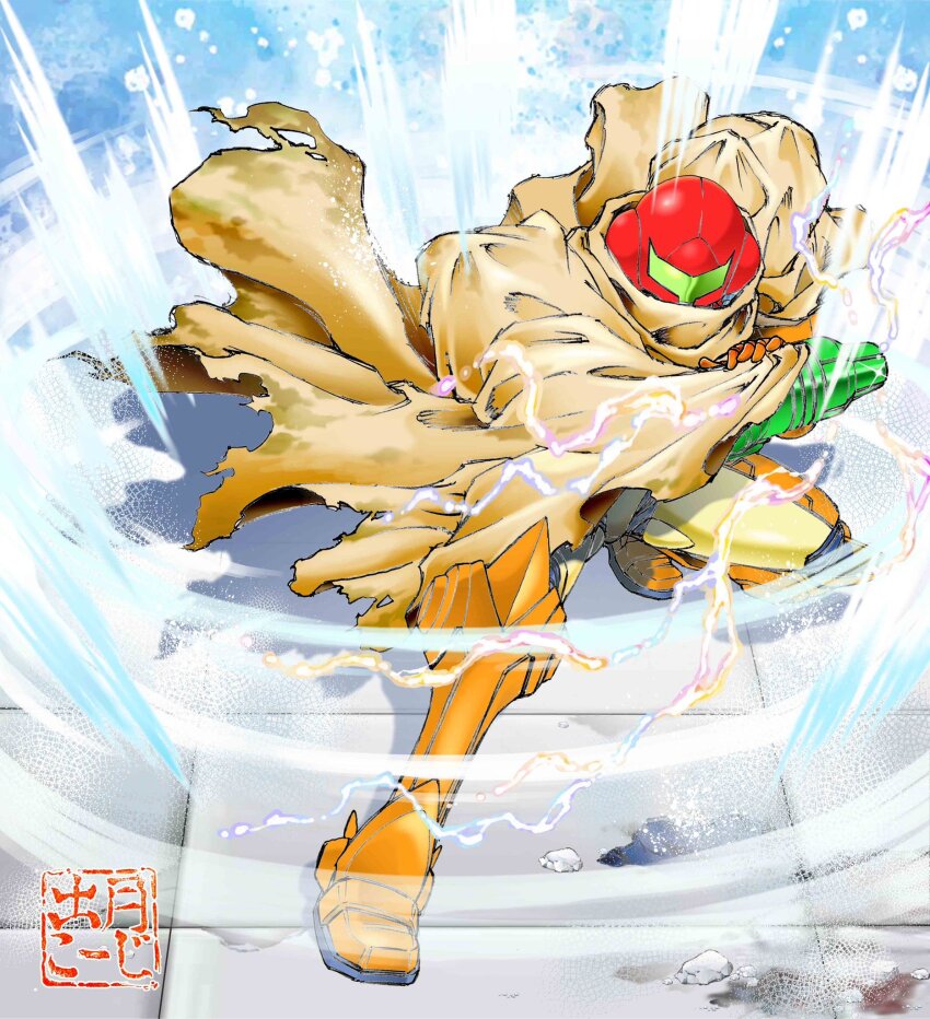 1girl, armor, assault_visor, brown_cloak, cloak, electricity, hand_on_own_arm, helmet, highres, idetsuki_kouji, looking_at_viewer, metroid, nintendo, power_armor, power_suit_(metroid), samus_aran, science_fiction, shadow, solo, squatting, varia_suit