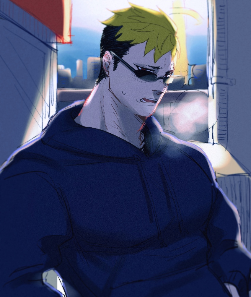 1boy, absurdres, alternate_costume, bara, black_hair, blonde_hair, blue_hoodie, breath, character_request, heraku_(haga1212), highres, hood, hoodie, large_pectorals, long_sideburns, looking_at_viewer, looking_over_eyewear, male_focus, multicolored_hair, muscular, muscular_male, pectorals, short_hair, sideburns, solo, sunglasses, sunlight, sweat, tokyo_houkago_summoners, two-tone_hair, upper_body