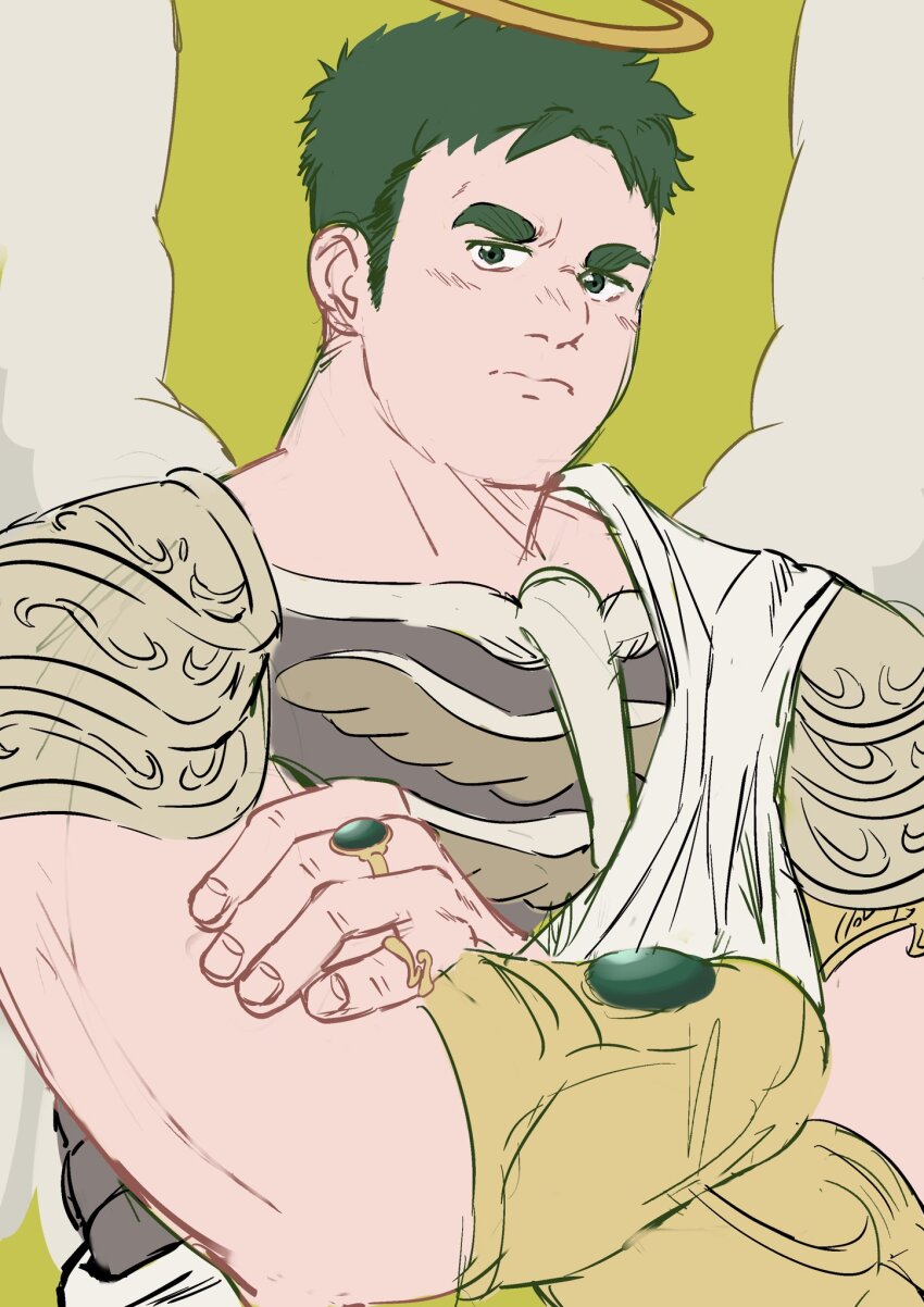 1boy, angel, armor, bara, bracer, breastplate, crave_saga, crossed_arms
