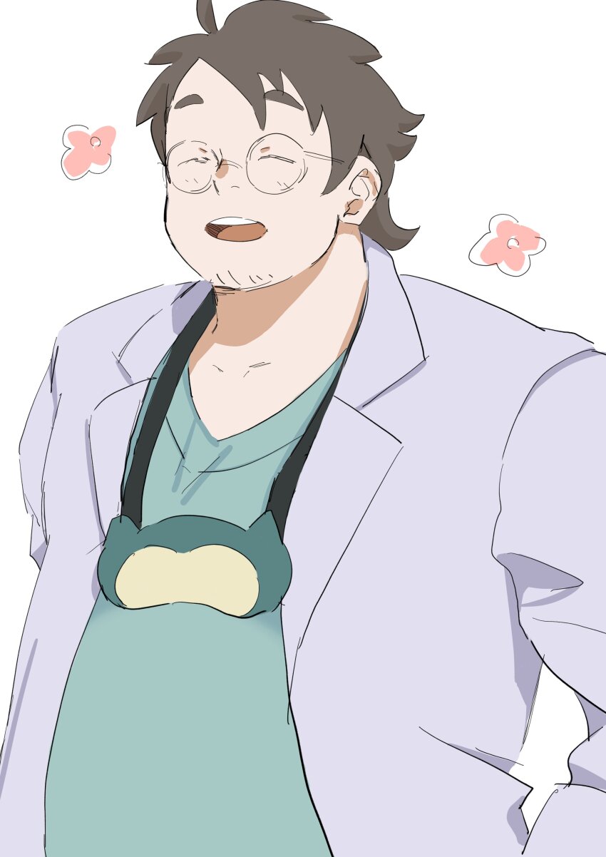1boy, :d, absurdres, bara, belly, facial_hair, fat, fat_man, gen_1_pokemon, glasses, happy_aura, heraku_(haga1212), highres, lab_coat, light_blush, male_focus, mature_male, merchandise, professor_neroli, nintendo, open_mouth, pokemon, pokemon_sleep, round_eyewear, short_hair, sideburns, sleep_mask, smile, snorlax, solo, stubble, thick_eyebrows, white_background