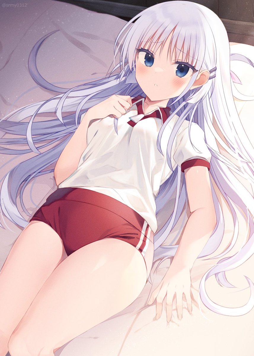 1girl, aiyan, arm_at_side, blue_eyes, blush, breasts, buruma, cleavage