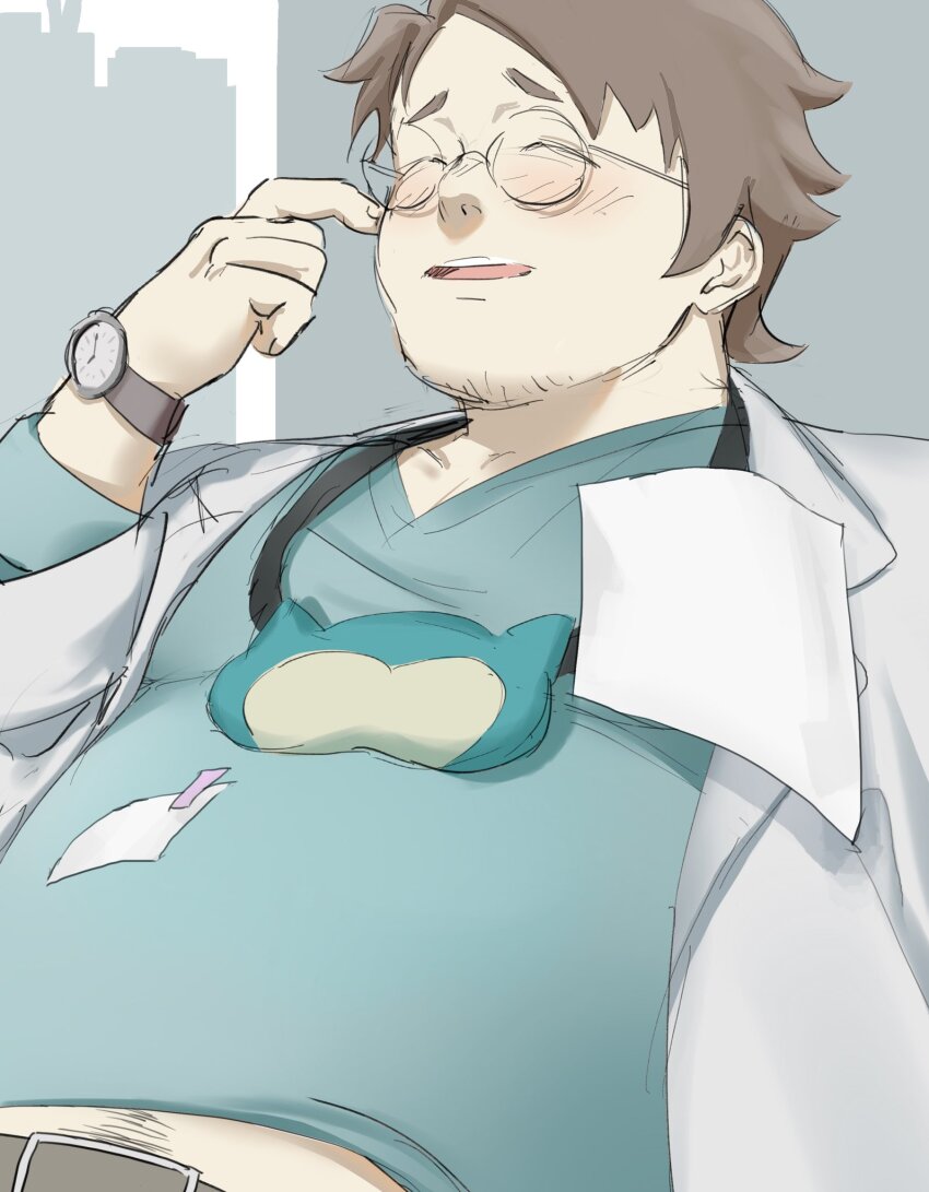 1boy, bara, belly, belt, blue_shirt, blush, facial_hair, fat, fat_man, finger_to_cheek, gen_1_pokemon, glasses, goatee_stubble, heraku_(haga1212), highres, lab_coat, male_focus, merchandise, midriff_peek, professor_neroli, nintendo, paper, pokemon, pokemon_sleep, round_eyewear, shirt, short_hair, shy, sketch, sleep_mask, smile, snorlax, solo, stubble, thick_eyebrows, upper_body