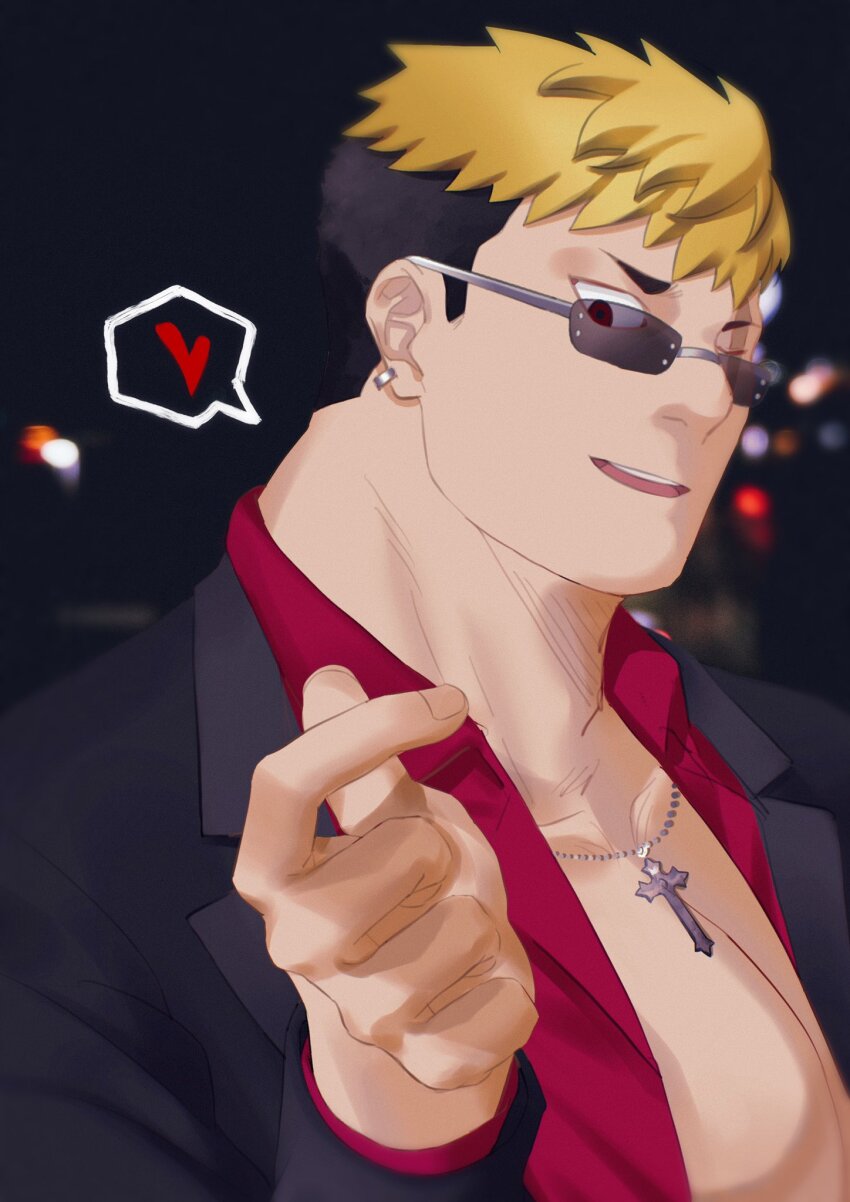 1boy, bara, black_hair, black_suit, blonde_hair, character_request, earrings, finger_heart