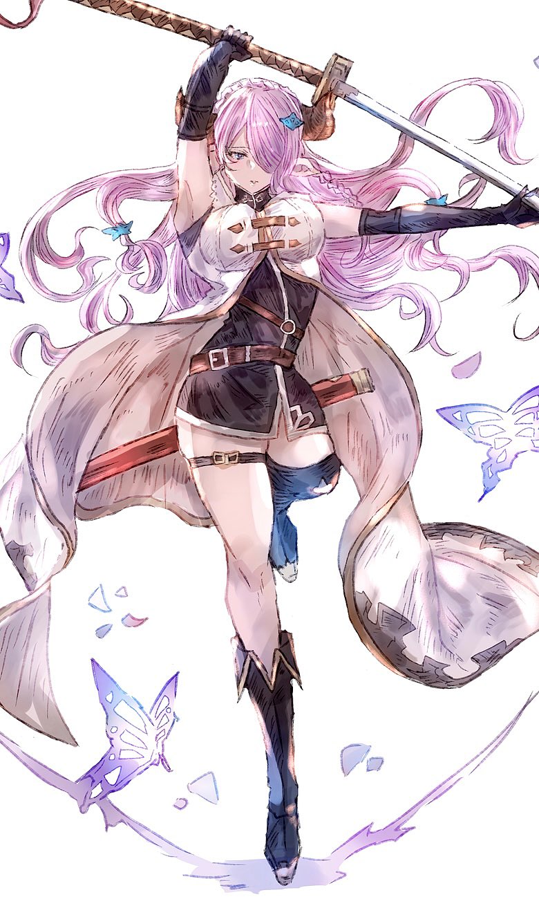 1girl, armpits, braid, breasts, bug, butterfly, draph, granblue_fantasy, hair_ornament, hair_over_one_eye, highres, horns, insect, katana, large_breasts, legs, light_purple_hair, muramitsu_(d3jgv), narmaya_(granblue_fantasy), pointy_ears, single_braid, single_thighhigh, sword, thigh_strap, thighhighs, thighs, weapon