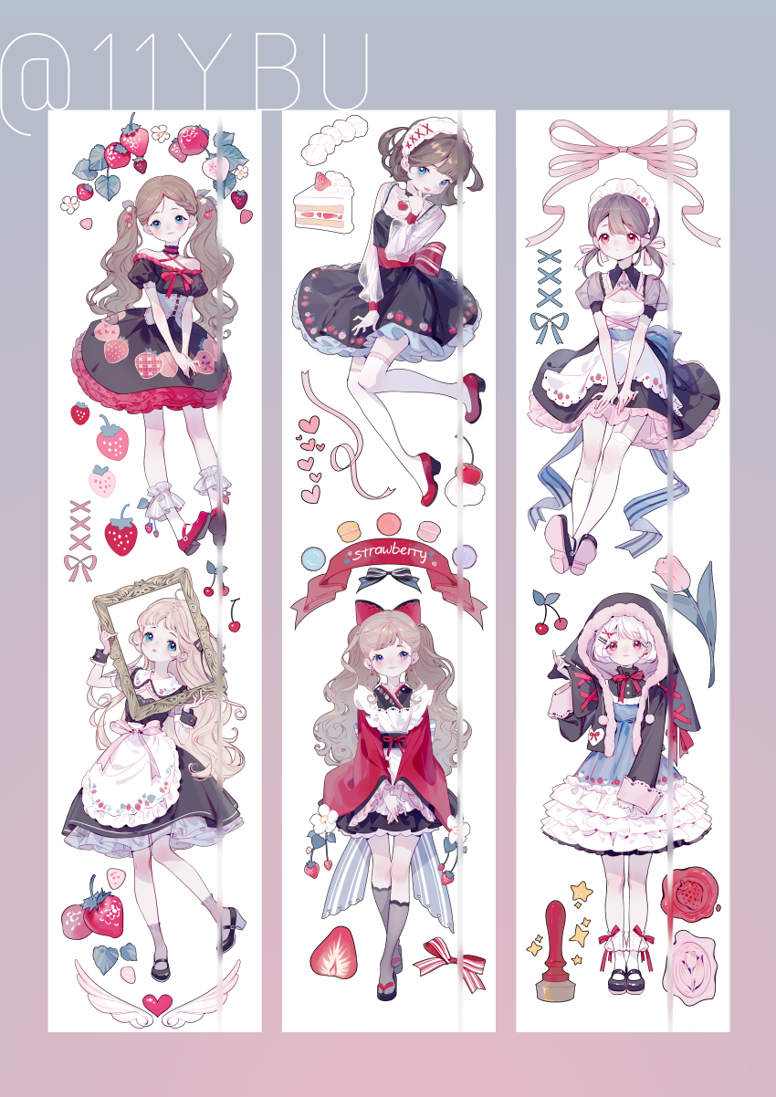 6+girls, :<, \n/, absurdres, apron, artist_name, asymmetrical_legwear, back_bow