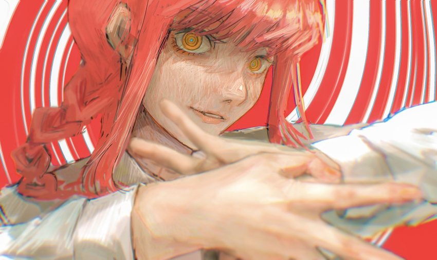 1girl, blurry, braid, braided_ponytail, chainsaw_man, depth_of_field, highres, looking_at_viewer