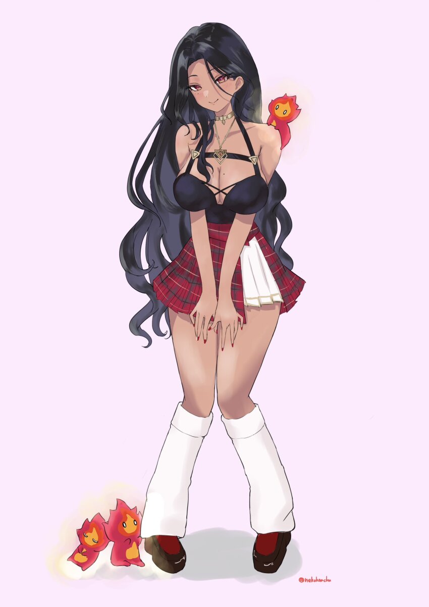 1girl, black_hair, black_shirt, breasts, chest_strap, cleavage, dark-skinned_female, dark_skin, eisei_neko, full_body, highres, jewelry, large_breasts, leg_warmers, long_hair, necklace, nijisanji, nijisanji_en, plaid_clothes, plaid_skirt, red_eyes, red_nails, red_skirt, scarle_yonaguni, scarle_yonaguni_(1st_costume), scarling_(scarle_yonaguni), shirt, simple_background, skirt, smile, solo, virtual_youtuber, wavy_hair, white_leg_warmers