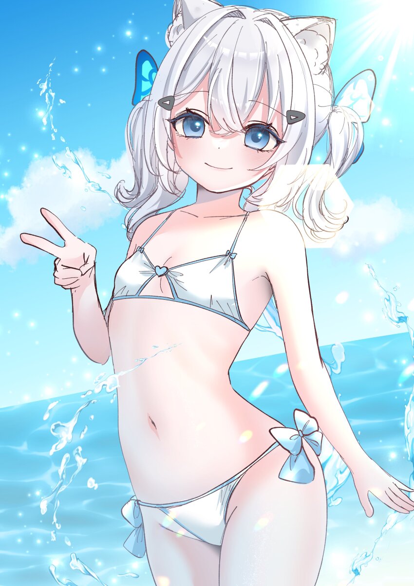 1girl, absurdres, animal_ears, bare_shoulders, bikini, blue_eyes, blush, breasts