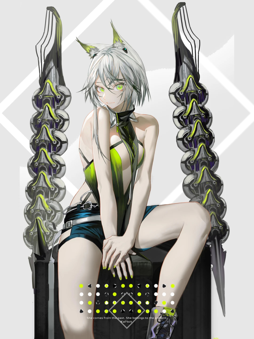 animal_ear_fluff, animal_ears, arknights, bare_legs, bare_shoulders, black_footwear, black_shorts, boots