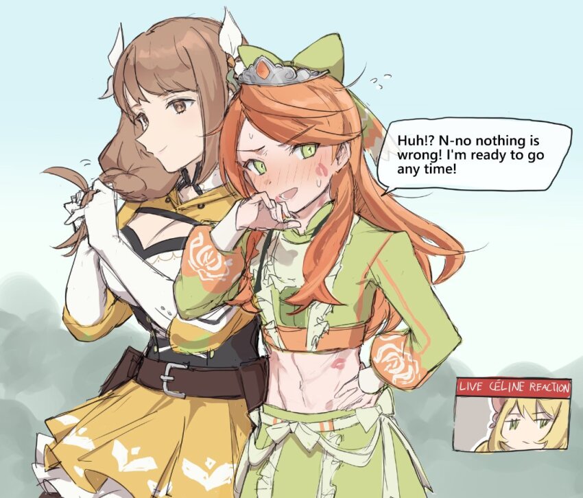 3girls, belt, blonde_hair, bow, braiding_hair, breasts, brown_eyes, brown_hair