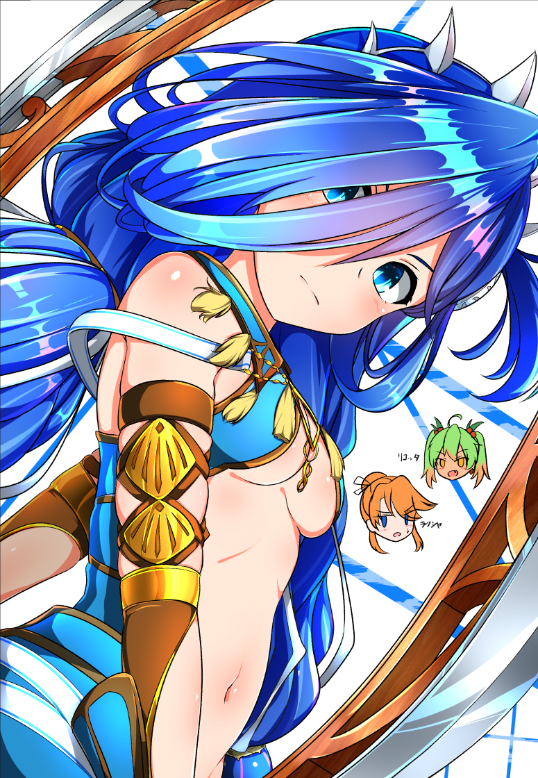 3girls, blue_eyes, blue_hair, breasts, character_name, chibi, chibi_inset, closed_mouth