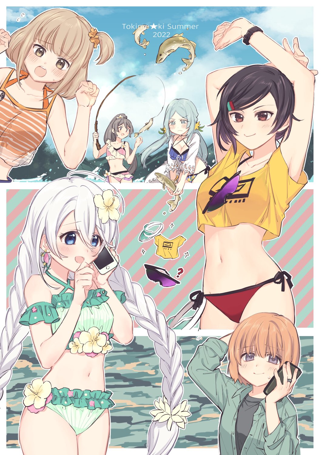 6+girls, aoba_chika, beach, fish, highres, hiroe_chiharu, long_hair, low-tied_long_hair