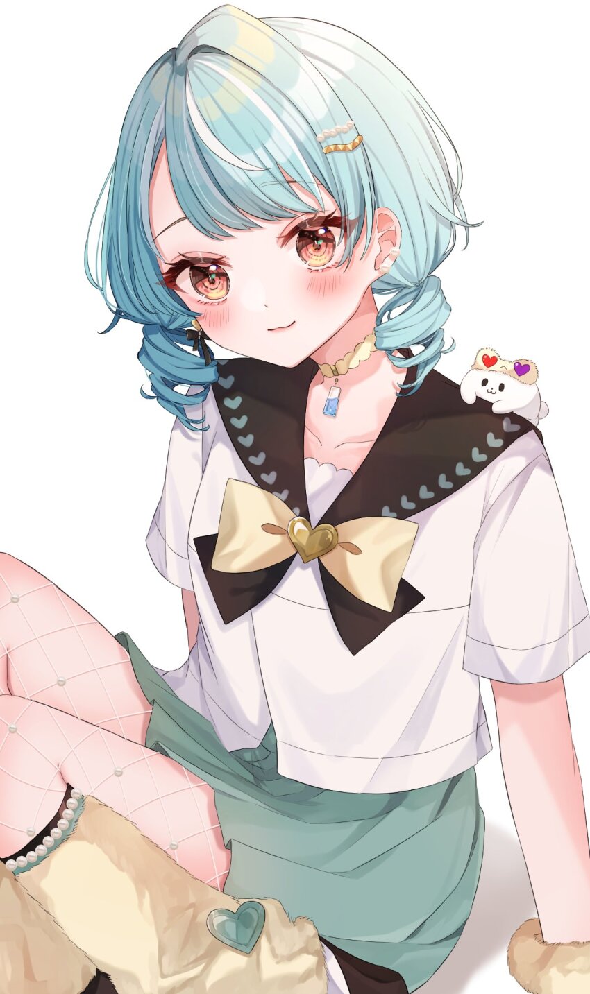 1girl, animal, animal_on_shoulder, aqua_skirt, black_sailor_collar, blue_hair, blush, bow