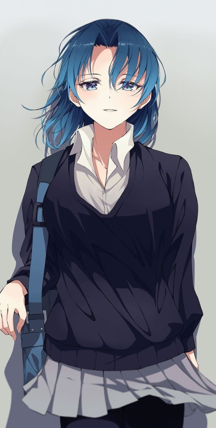 1girl, bag, black_socks, black_sweater, blue_eyes, blue_hair, blush, grey_skirt