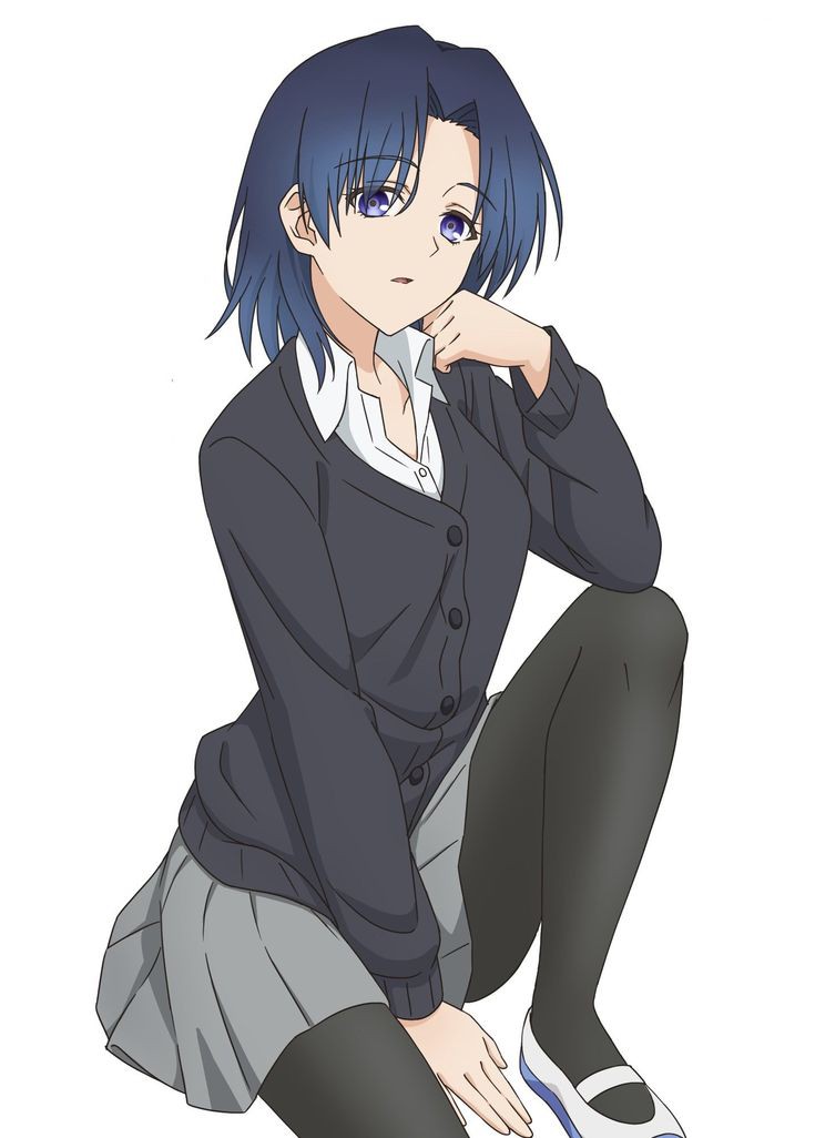 1girl, arm_up, black_socks, black_sweater, blue_eyes, blue_hair, grey_skirt, kamiya_ai