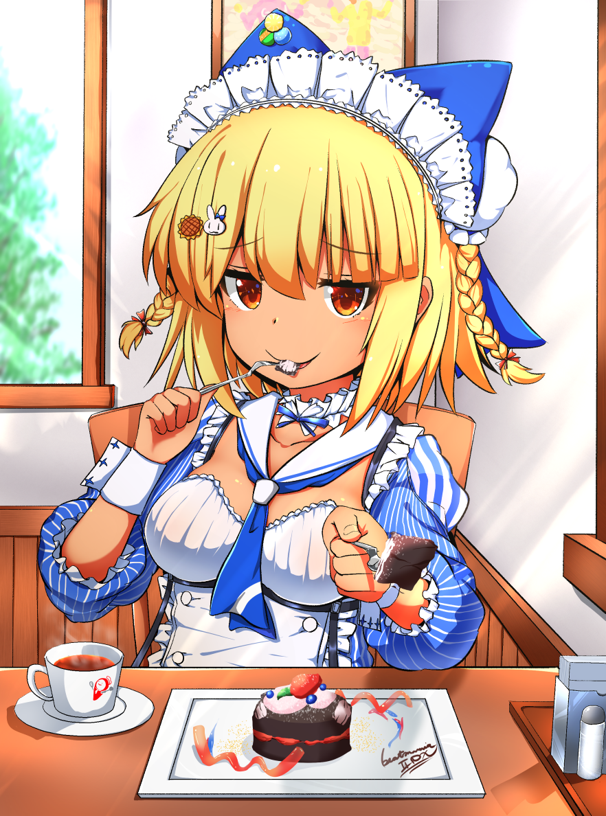 1girl, beatmania_iidx, beatmania_iidx_28_bistrover, bemani, blonde_hair, blue_bow, blue_neckerchief, bow