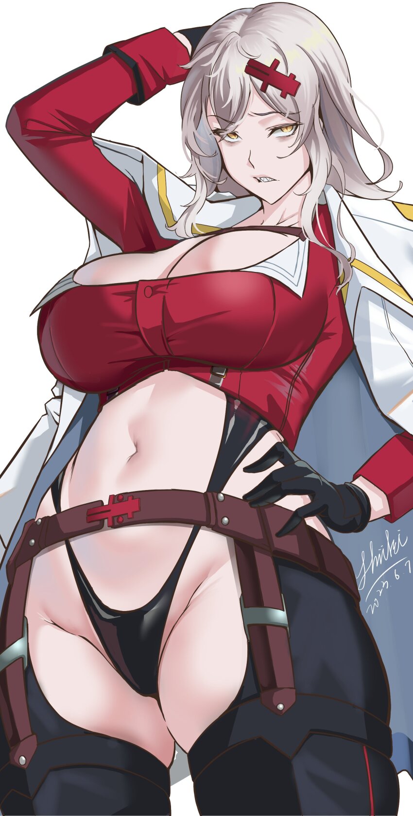 1girl, absurdres, belt, black_gloves, black_leotard, breast_strap, breasts, chaps