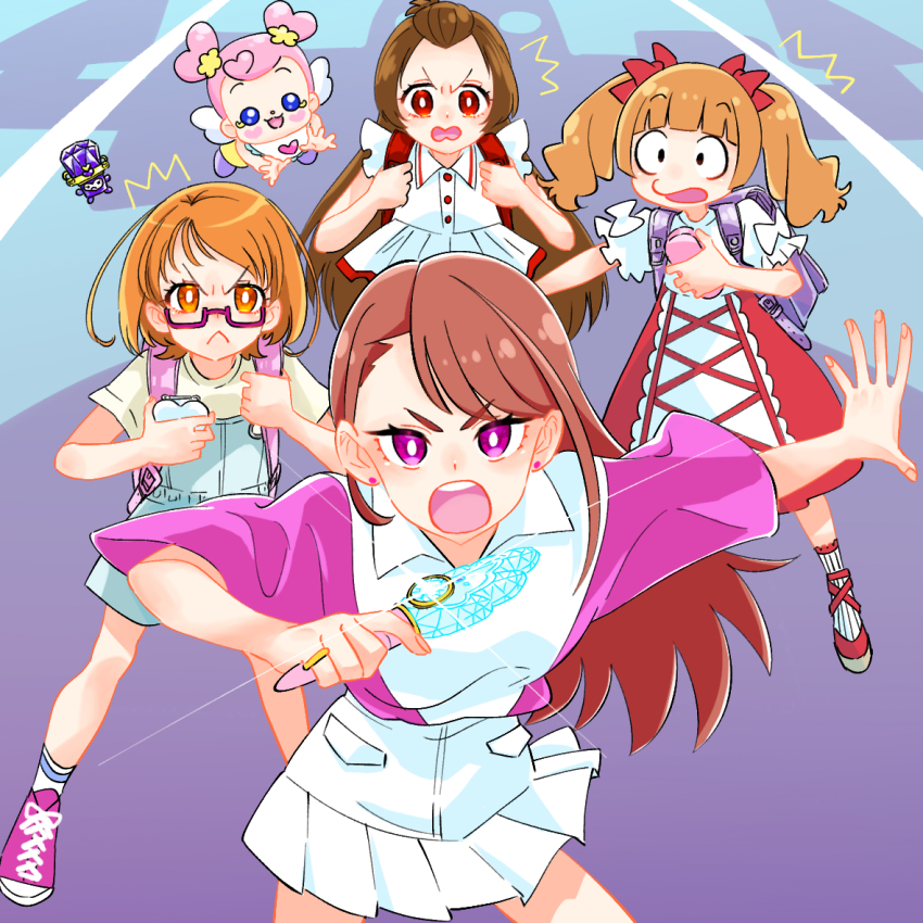 5girls, ^^^, ai-chan_(precure), aisaki_emiru, asymmetrical_bangs, backpack, bag, bob_cut, bow, bright_pupils, brown_hair, collared_shirt, commentary, constricted_pupils, diffraction_spikes, dodory, dokidoki!_precure, dress, earrings, floating, frilled_sleeves, frills, frown, glaring, hair_bow, hair_pulled_back, hijiri_ageha, hirogaru_sky!_precure, holding, hugtto!_precure, in-franchise_crossover, jewelry, long_hair, looking_at_another, looking_at_viewer, madoka_aguri, medium_hair, miniskirt, mirage_pen, multiple_girls, open_mouth, orange_eyes, orange_hair, overalls, pink_shirt, pink_shoes, pleated_skirt, precure, purple-framed_eyewear, purple_eyes, randoseru, red_bow, red_dress, red_eyes, ring, semi-rimless_eyewear, shirabe_ako, shirt, shoes, short_hair, short_sleeves, skirt, sneakers, socks, solid_oval_eyes, standing, suite_precure, t-shirt, ton_(ton39342104), twintails, under-rim_eyewear, v-shaped_eyebrows, white_overalls, white_pupils, white_shirt, white_skirt, white_socks
