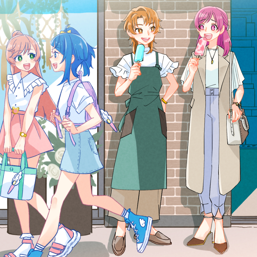 4girls, ahoge, apron, backpack, bag, blue_apron, blue_eyes, blue_footwear