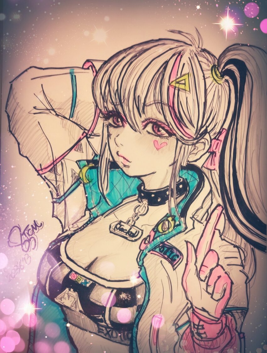 1girl, 85cm85cm, black_collar, black_sports_bra, breasts, character_name, cleavage, collar