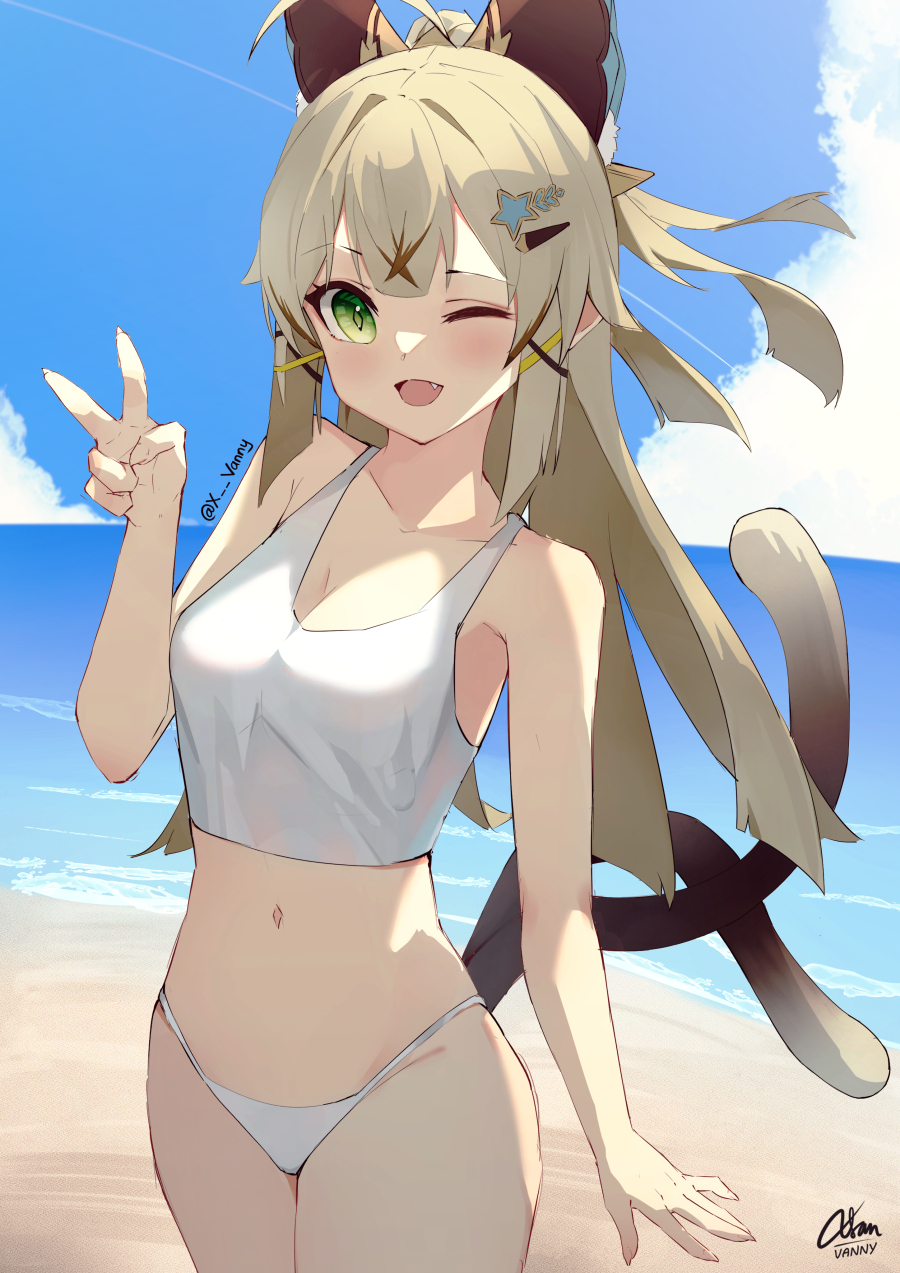 1girl, ;d, animal_ears, blonde_hair, blue_sky, cat_ears, cat_tail, cloud, cowboy_shot, crop_top, day, genshin_impact, green_eyes, hand_up, highres, kirara_(genshin_impact), midriff, multiple_tails, navel, one_eye_closed, open_mouth, sky, smile, solo, standing, stomach, tail, tank_top, two_tails, white_tank_top, xsan_vanny
