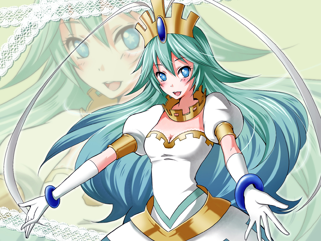 .hack//, .hack//link, 1girl, aika_(.hack), bandai, blue_eyes, bracelet, breasts, crown, cyber_connect_2, dress, female_focus, gloves, green_hair, jewelry, long_hair, solo, symbol-shaped_pupils, usabiba