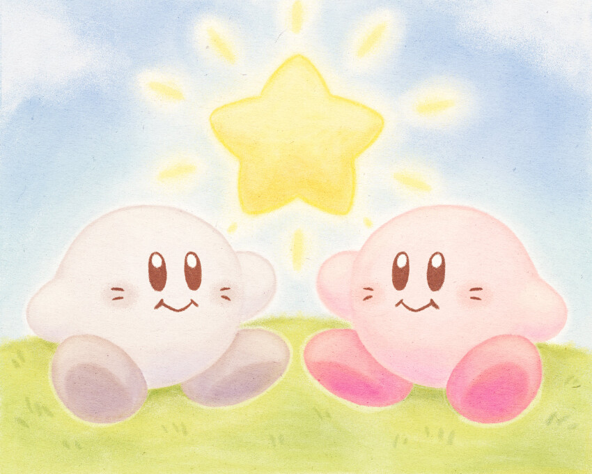 black_eyes, blue_sky, bright_pupils, closed_mouth, cloud, dual_persona, facial_mark, grass, highres, kirby, kirby's_dream_land, kirby_(series), nintendo, no_humans, official_alternate_color, on_ground, outdoors, siho1209, sitting, sky, star_(symbol), whisker_markings, white_pupils