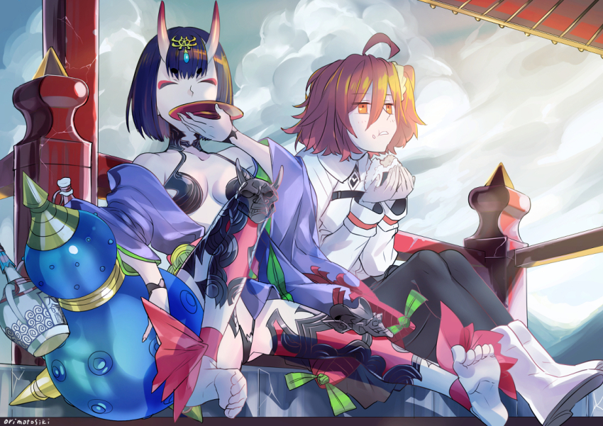 2girls, alcohol, ankle_ribbon, barefoot, black_pants, boots, breasts, closed_eyes, collared_shirt, cup, drinking, eating, eyeshadow, fate/grand_order, fate_(series), food, fujimaru_ritsuka_(female), gourd, hair_between_eyes, holding, holding_food, horns, leg_ribbon, long_sleeves, makeup, medium_breasts, multiple_girls, orange_eyes, orange_hair, outdoors, pants, purple_hair, red_eyeshadow, red_ribbon, revealing_clothes, ribbon, sakazuki, sansintei_auto, shirt, shuten_douji_(fate), skin-covered_horns, soles, white_footwear, white_shirt