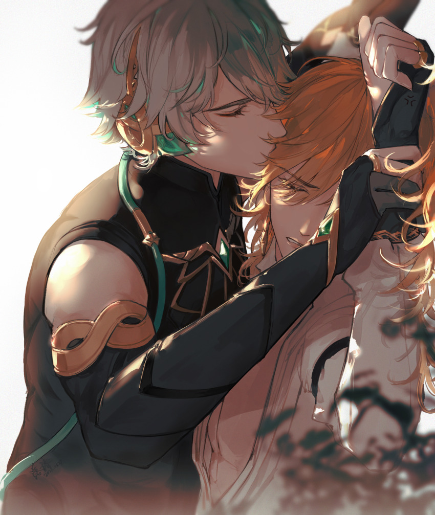 2boys, alhaitham_(genshin_impact), anger_vein, arm_grab, arm_up, bare_shoulders, black_gloves, black_shirt