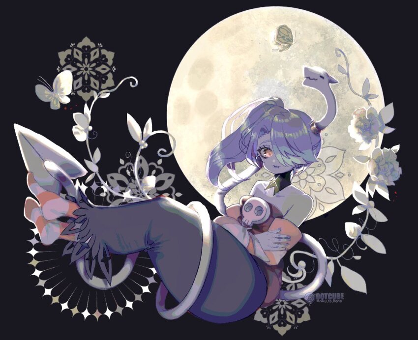 1girl, aolo, black_background, blue_hair, blue_skin, bug, butterfly, colored_skin