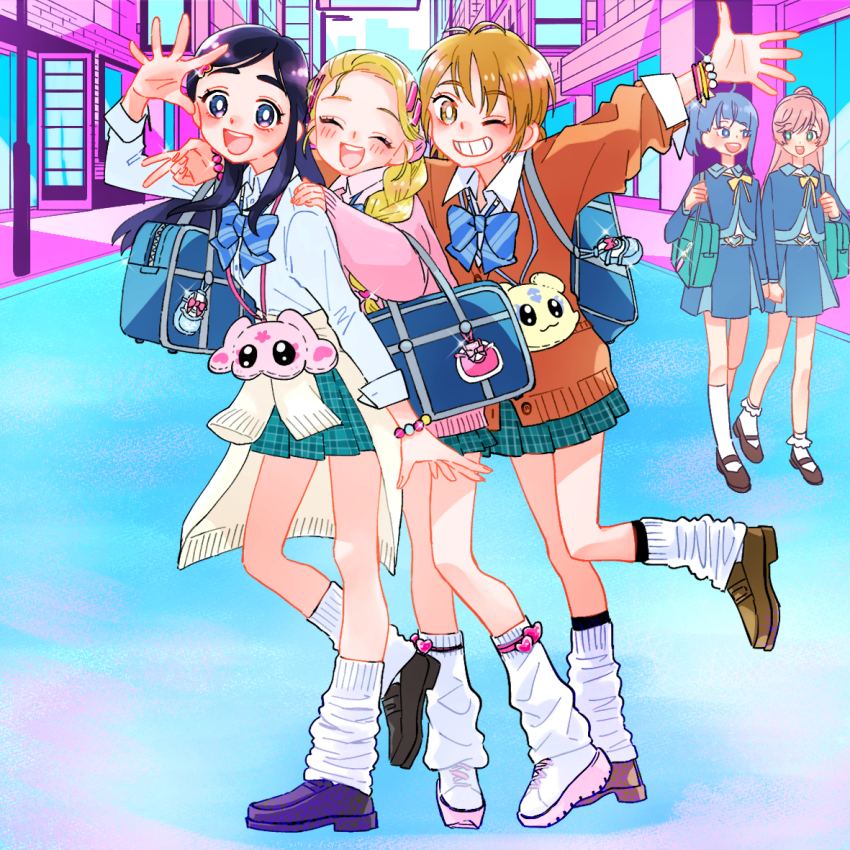 5girls, adapted_costume, arms_up, bag, bead_bracelet, beads, black_footwear, black_hair, blonde_hair, blue_bow, blue_bowtie, blue_eyes, blue_hair, blue_jacket, blue_skirt, bobby_socks, bow, bowtie, bracelet, braid, braided_ponytail, bright_pupils, brown_cardigan, brown_eyes, brown_footwear, brown_hair, buckle, building, cardigan, cardigan_around_waist, carrying, cellphone_charm, charm_(object), closed_eyes, clothes_around_waist, commentary, cut_bangs, day, dress_shirt, futari_wa_precure, futari_wa_precure_max_heart, green_eyes, green_skirt, grin, gyaru, hair_bun, hair_ornament, hair_over_shoulder, hairclip, hand_on_another's_shoulder, heart, heart-shaped_buckle, hirogaru_sky!_precure, holding_hands, in-franchise_crossover, jacket, jewelry, kneehighs, kogal, kujou_hikari, leg_up, loafers, long_hair, looking_at_another, looking_at_viewer, loose_bowtie, loose_socks, mary_janes, medium_hair, mepple, miniskirt, mipple, misumi_nagisa, multiple_girls, nijigaoka_mashiro, one_eye_closed, outdoors, pink_cardigan, pink_hair, plaid_clothes, plaid_skirt, pleated_skirt, precure, road, school_bag, school_uniform, shirt, shoes, short_hair, side_ponytail, single_braid, skirt, sleeves_rolled_up, smile, sneakers, socks, sora_harewataru, sorashido_academy_school_uniform, standing, standing_on_one_leg, street, swept_bangs, ton_(ton39342104), v, verone_gakuin_school_uniform, walking, waving, white_cardigan, white_footwear, white_pupils, white_shirt, white_socks, wing_collar, yukishiro_honoka