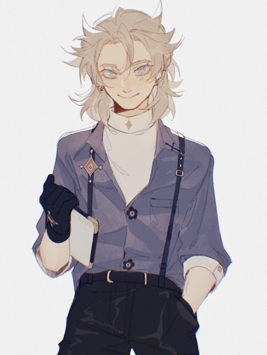 1boy, albedo_(genshin_impact), albedo_(m&amp;g)_(genshin_impact), alternate_costume, belt, black_belt, black_pants, blonde_hair