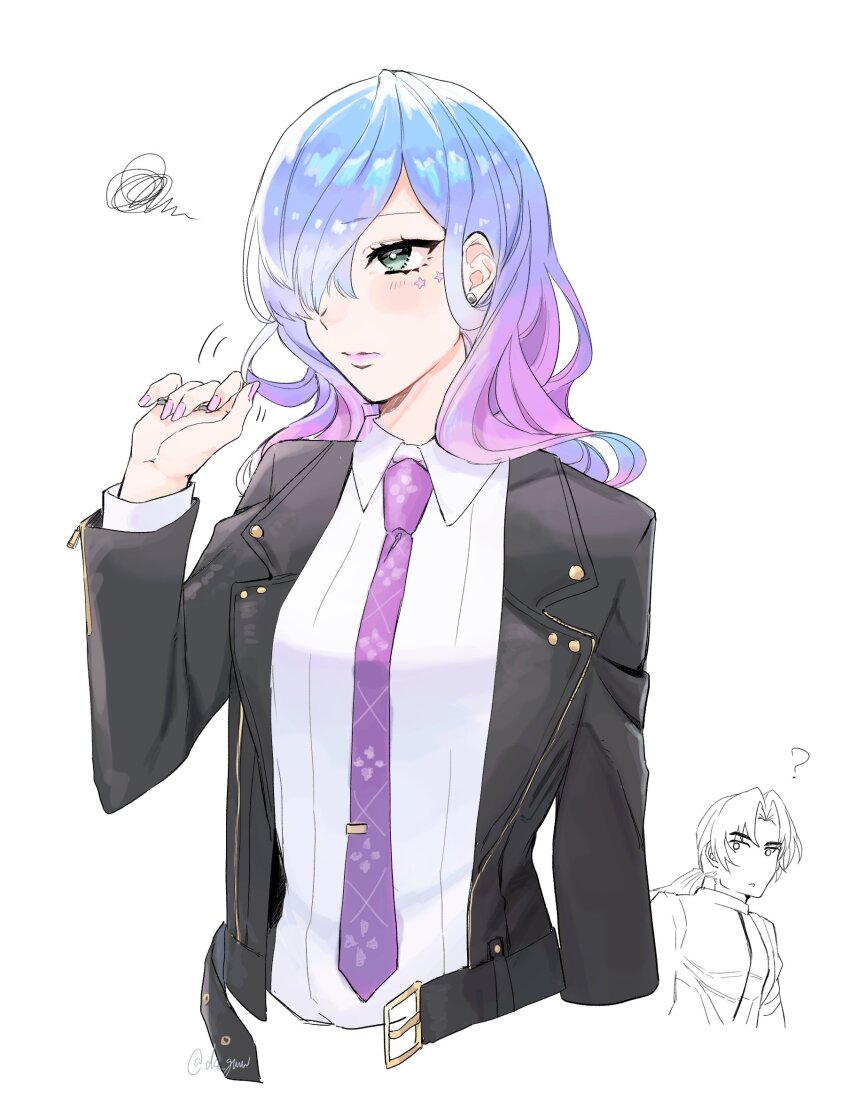 1boy, 1girl, ?, adjusting_hair, belt, bhima_(fate), black_jacket, blue_hair