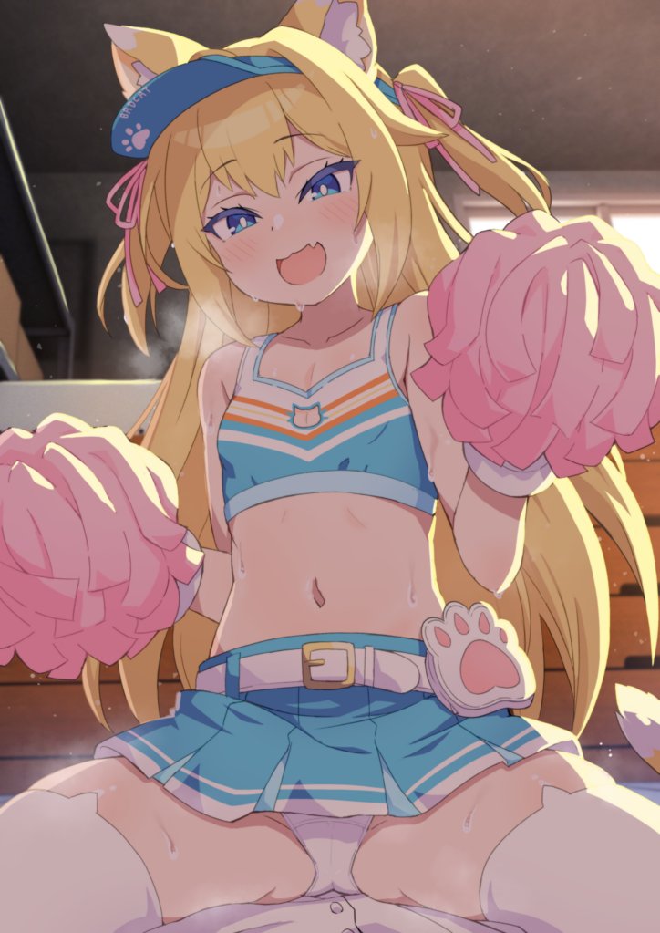 1girl, animal_ears, blonde_hair, blue_eyes, blue_skirt, blush, cat_ears, cat_girl