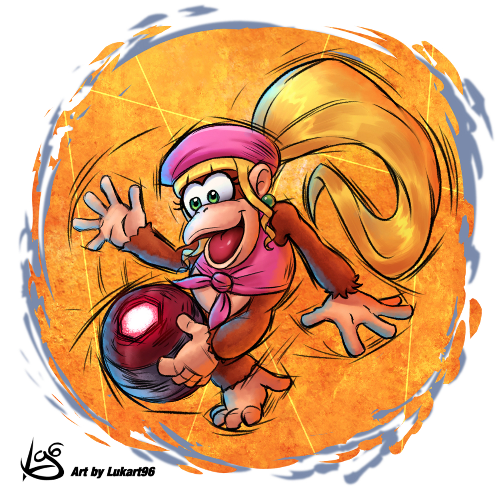 1girl, artist_logo, artist_name, ball, blonde_hair, dixie_kong, donkey_kong_(series), earrings