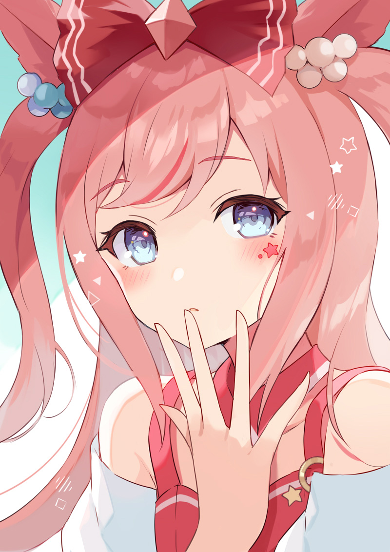 1girl, agnes_digital_(umamusume), alternate_costume, animal_ears, bare_shoulders, barufoa, blue_eyes, blush