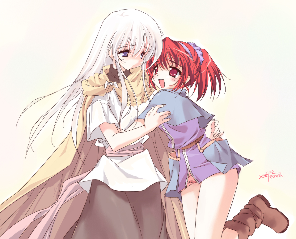 00s, 2004, 2girls, belt, boots, buckle, cape, capelet, chris_(eiyuu_densetsu), dress, eiyuu_densetsu, emily_(pure_dream), falcom, fantasy, gueld, gueld_(eiyuu_densetsu), height_difference, hug, legend_of_heroes_3, legs, long_hair, looking_at_another, multiple_girls, original, red_hair, sash, shiroki_majo, short_dress, short_hair, signature, simple_background, skirt, twintails, very_long_hair, white_hair, yuri