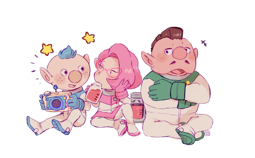 +++, 1girl, 2boys, alien, alph_(pikmin), badge, large_nose, black_eyes, blue_gloves, blue_hair, blush, bottle, brittany_(pikmin), brown_hair, buttons, charlie_(pikmin), commentary, commission, crossed_arms, crossed_legs, cutie-png, drinking, english_commentary, eyelashes, facial_hair, fruit_juice, glass, gloves, green_gloves, half-closed_eyes, hand_in_own_hair, holding, holding_bottle, koppad, looking_at_another, mohawk, multiple_boys, mustache, missing_headwear, nose_blush, notice_lines, open_mouth, pikmin_(series), pikmin_3, pink-framed_eyewear, pink_gloves, pink_hair, pink_skirt, pointy_ears, pointy_nose, short_hair, sitting, skirt, smile, solid_oval_eyes, spacesuit, triangular_eyewear, very_short_hair