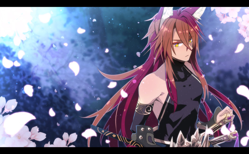 1boy, animal_ears, bare_shoulders, etrian_odyssey, hair_between_eyes, katana, long_hair, male_focus