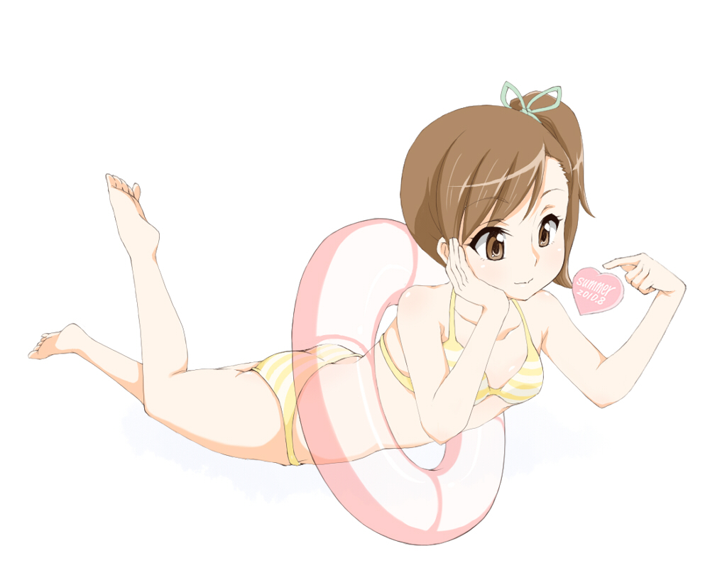 10s, aoi2410, barefoot, bikini, brown_eyes, brown_hair, futami_mami, heart