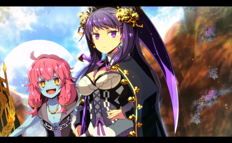 2girls, :d, blue_skin, breasts, colored_skin, corset, day, etrian_odyssey