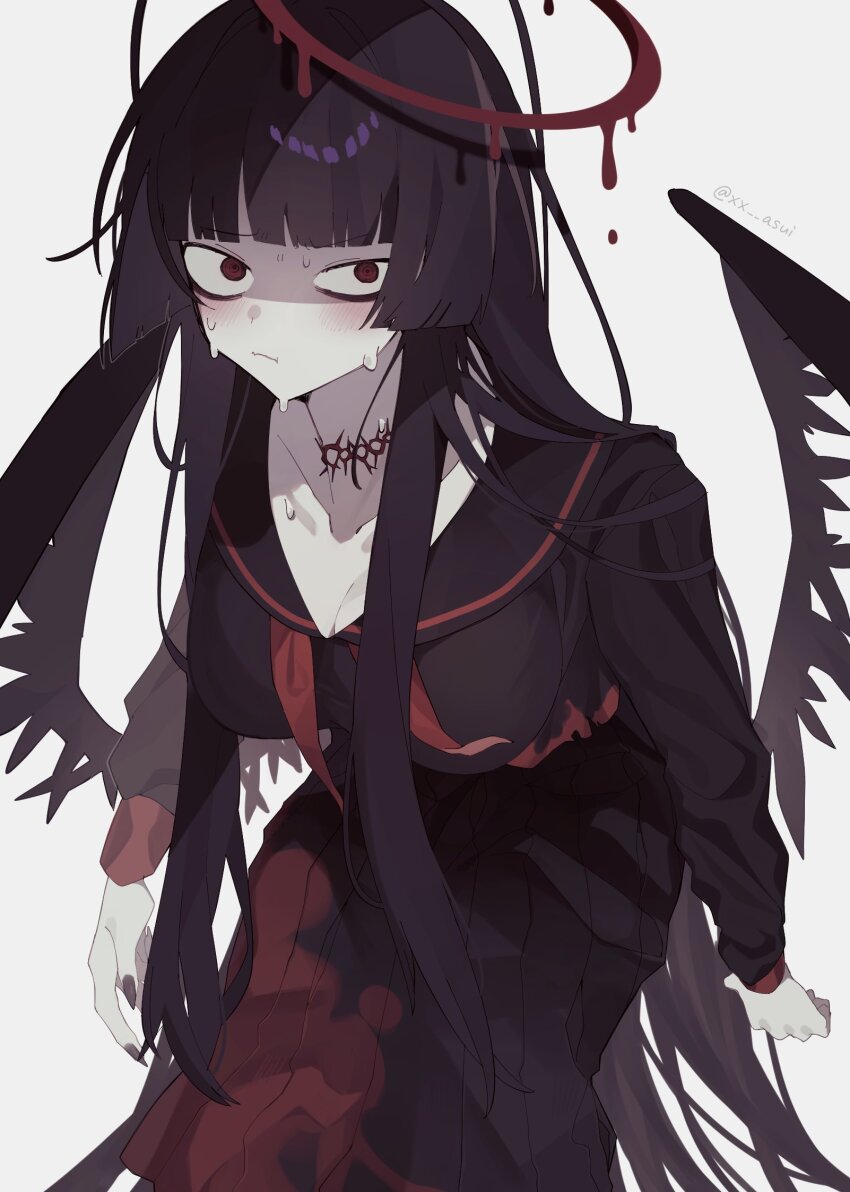 1girl, :t, bags_under_eyes, black_hair, black_nails, black_sailor_collar, black_serafuku, black_shirt, black_skirt, black_wings, blue_archive, blunt_bangs, breasts, cleavage, closed_mouth, commentary_request, dark_halo, feathered_wings, feet_out_of_frame, fingernails, halo, highres, hime_cut, large_breasts, leaning_forward, long_hair, looking_at_viewer, low_wings, melting_halo, pale_skin, pleated_skirt, red_eyes, red_halo, sailor_collar, school_uniform, serafuku, sharp_fingernails, shirt, sidelocks, simple_background, skirt, solo, sweat, tsurugi_(blue_archive), twitter_username, very_long_hair, white_background, wings, xx_asui