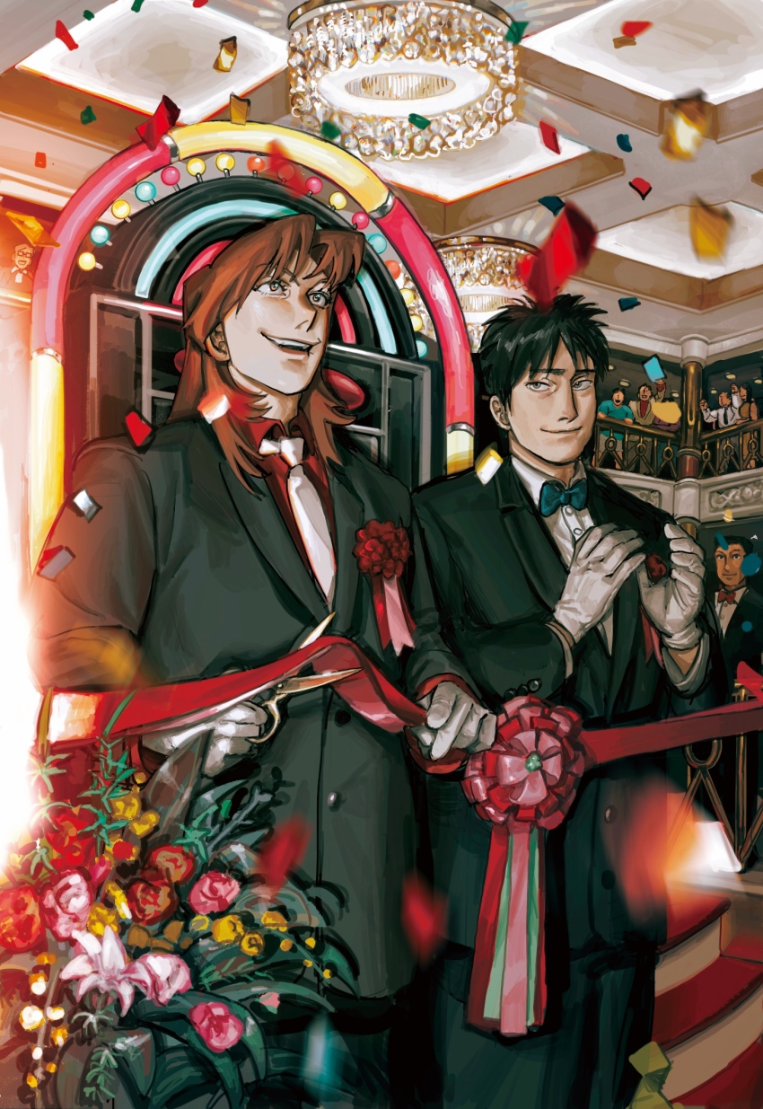 6+boys, black_eyes, black_hair, black_jacket, black_pants, blue_bow, blue_bowtie, bouquet, bow, bowtie, brown_eyes, brown_hair, chandelier, clapping, closed_mouth, collared_shirt, commentary, confetti, english_commentary, flower, formal_clothes, gastrapoda, gloves, highres, holding, holding_scissors, ichijou_seiya, indoors, jacket, tobaku_mokushiroku_kaiji, long_hair, long_sleeves, looking_up, male_focus, multiple_boys, murakami_tamotsu, necktie, open_mouth, opening_ceremony, pachinko, pants, pink_flower, red_bow, red_bowtie, red_flower, red_shirt, scissors, shirt, short_hair, smile, suit, upper_body, white_gloves, white_necktie, white_shirt