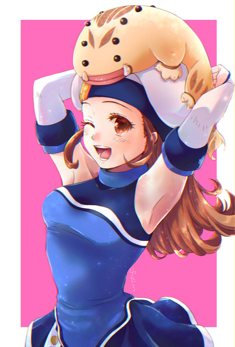 1girl, armpits, arms_up, artist_request, bonaparte_(suikoden), breasts, brown_eyes, brown_hair