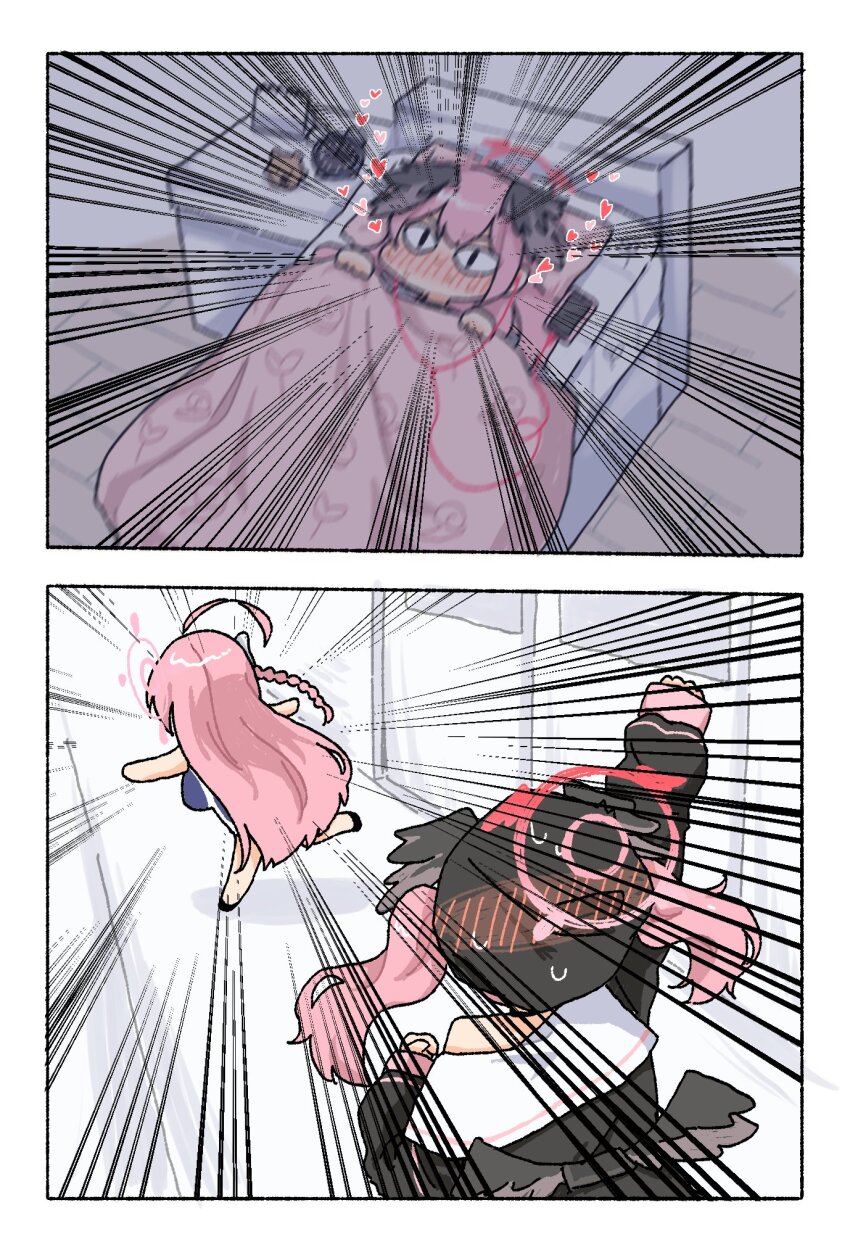 <|>_<|>, 2girls, arm_up, bed, black_wings, blue_archive, blue_one-piece_swimsuit, braid