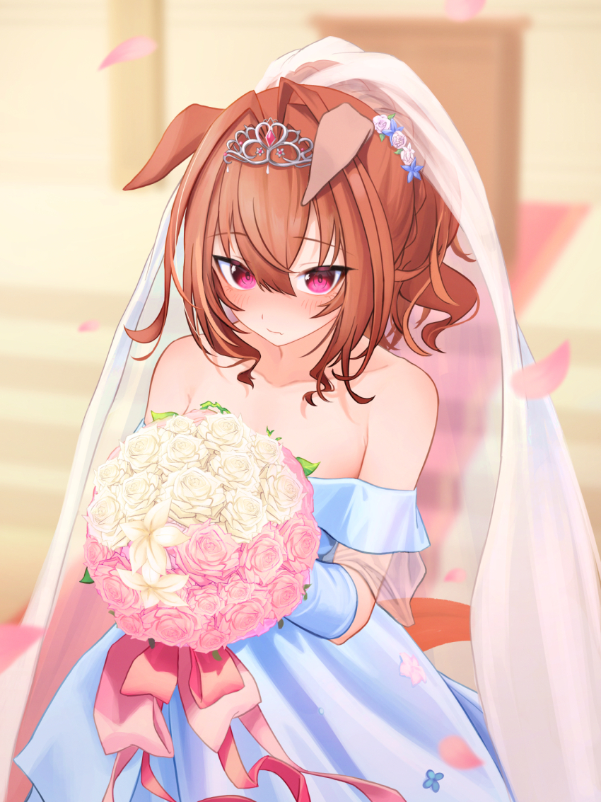 1girl, alternate_hairstyle, animal_ears, bare_shoulders, blue_dress, blush, bouquet, bridal_veil