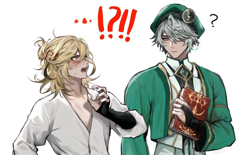 !?, 2boys, ?, akademiya_uniform, alhaitham_(genshin_impact), beret, black_hair, blonde_hair